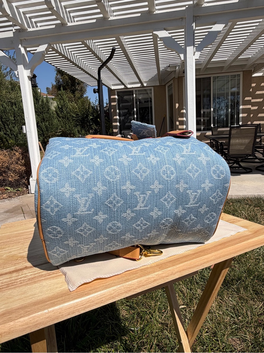 NEW LV Print Speedy Denim Monogram Satchel HandBag Blue Tan & Gold Lock Key - Picture 9 of 16